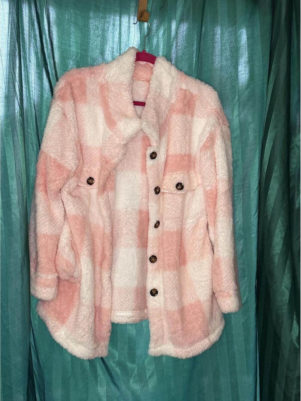 THE COZIEST EVER Pink & White Plush Checkered Jacket -Medium
